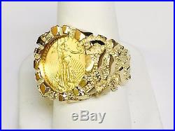 14K Gold Men's 21 MM NUGGET COIN RING with a 22 K 1/10 OZ AMERICAN EAGLE COIN