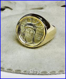 14K Yellow Gold Mens 19.5MM COIN RING with 1/10 OZ PLATINUM AMERICAN EAGLE COIN