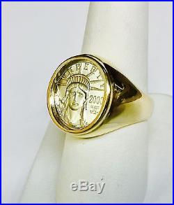 14K Yellow Gold Mens 19.5MM COIN RING with 1/10 OZ PLATINUM AMERICAN EAGLE COIN