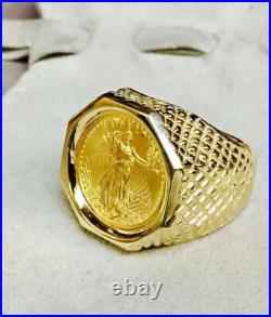 14K Yellow Gold Plated Men's 20 mm Beautiful Coin American Eagle Vintage Ring