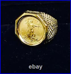 14K Yellow Gold Plated Men's 20 mm Beautiful Coin American Eagle Vintage Ring
