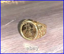 14k Gold Ring with American Eagle Coin Design 9 Signet 10 Grams 17mm 925 HC Vtg