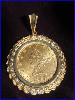 14kt Gold Rope Bezel with Diamonds, 4 prong for 10 dollar Eagle American Gold Coin