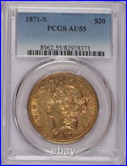 1871-S Gold Liberty Head $20 PCGS AU55. Type 2 Double Eagle