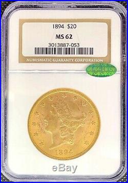 1894 $20 Liberty Head Gold American Double Eagle MS62 NGC CAC Certified Coin