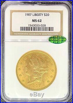 1907 $20 American Gold Double Eagle Liberty Head MS62 NGC CAC Certified Coin