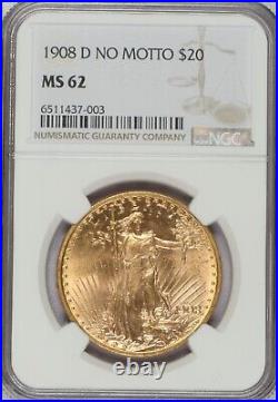 1908-D Gold Double Eagle $20 No Motto NGC MS62