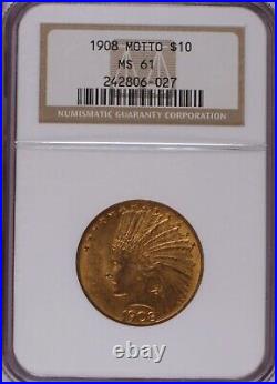 1908 Gold Indian $10 Motto NGC MS61. Better Date