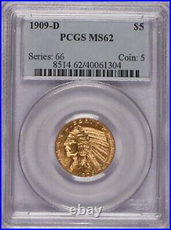 1909-D $5.00 Gold Indian PCGS MS 62 P. Q. Free Shipping