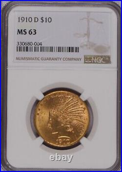 1910-D Gold Eagle Indian $10 NGC MS63. Denver Mint