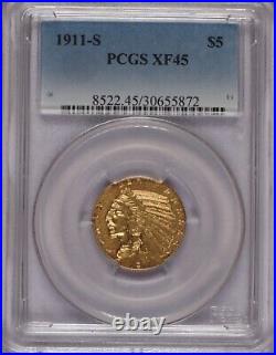 1911-S Gold Indian Half Eagle $5 PCGS XF45. Free shipping