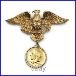 1964 Kennedy Half Dollar Dangling Pendant On A Gold Tone American Eagle Brooch