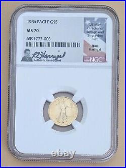 1986 1/10 oz $5 American Gold Eagle Coin NGC MS70 Ron Harrigal Signed Label