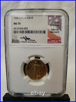 1986 G$10 Gold 1/4 oz. American Eagle MS70 NGC John M Mercanti. 50 graded 70