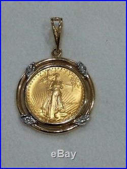 1987 $5 American Gold Eagle 1/10oz Coin In 14kt Diamond Pendant Jewelry