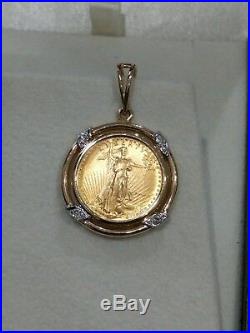 1987 $5 American Gold Eagle 1/10oz Coin In 14kt Diamond Pendant Jewelry