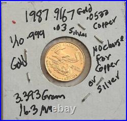 1987 $5 Dollar BU American gold Eagle 1/10 oz. 999 AGW-COIN-SELING BELOW LIST A
