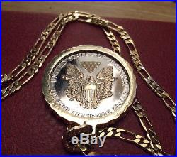 1990 American Silver Eagle Gilded Pendant on a 24 18k Gold Filled Figaro Chain