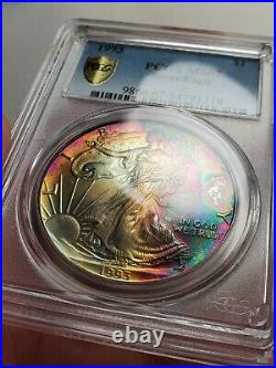 1993 Silver Eagle Pcgs Ms67 Gold Shield/true View! Double Sided Monster Toned