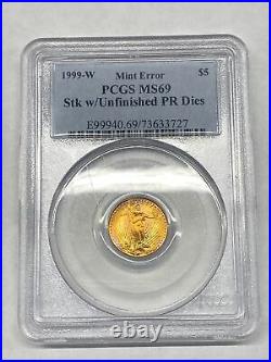 1999-W $5 American Gold Eagle Unfinished Proof Dies PCGS MS69 Error TONED Color
