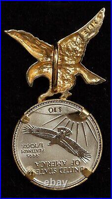 1/10th Oz. 9995 Platinum American Eagle BU 14k Yellow Gold Eagle Pendant 5.3g