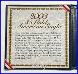 2003 1/10th oz $5 American Gold Eagle, BU in Holder