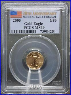 2005 $5 American GOLD Eagle 1/10th oz PCGS MS69 20th Anniversary BU UNC #254