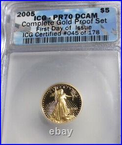 2005 W American Eagle 1/10 Oz $5 Gold Coin Icg Pr70 Dcam First Day Of Issue