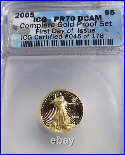 2005 W American Eagle 1/10 Oz $5 Gold Coin Icg Pr70 Dcam First Day Of Issue