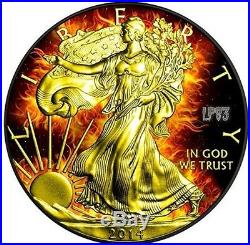 2014 1 Oz Silver $1 BURNING EAGLE Coin WITH Ruthenium AND 24K GOLD GILDED