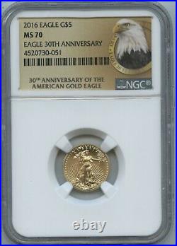 2016 $5 Gold Eagle Perfect MS 70 NGC 30th Anniversary Holder