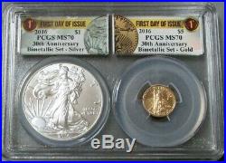 2016 American Eagle Gold / Silver Bimetallic Set First Day Of Issue Pcgs Ms70