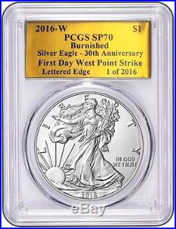 2016 W BURNISHED SILVER EAGLE PCGS SP70 FDWP 30TH ANNIversary GOLD FOIL