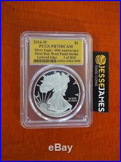 2016 W Proof Silver Eagle Pcgs Pr70 Dcam Gold Foil First Day Of Issue 1 Of 2016