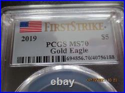2019 $5 American Gold Eagle, 1/10 oz, PCGS MS70, First Strike, Flag Label