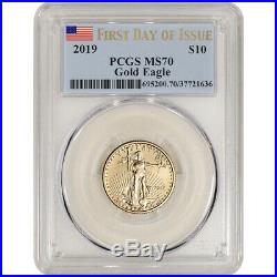 2019 American Gold Eagle 1/4 oz $10 PCGS MS70 First Day of Issue Flag Label