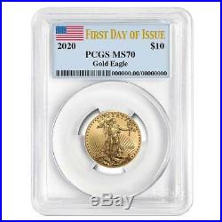 2020 $10 American Gold Eagle 1/4 oz. PCGS MS70 FDOI Flag Label