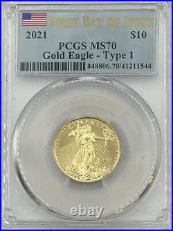 2021 $10 1/4 oz American Gold Eagle, Type 1. MS70 PCGS, First Day of Issue