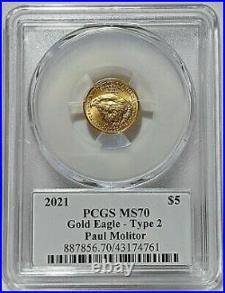 2021 1/10 oz American Gold Eagle Type 2 PCGS MS70 PAUL MOLITOR Signature