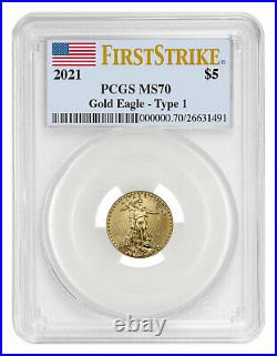 2021 1/10 oz Gold American Eagle T-1 $5 PCGS MS70 FS Flag Label
