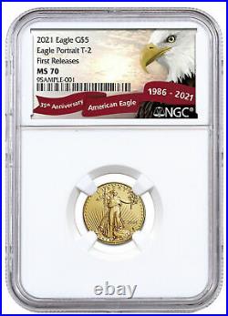 2021 1/10 oz Gold American Eagle Type 2 $5 NGC MS70 FR Eagle Red Banner Label