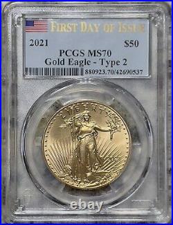 2021 $50 1 oz. Gold Eagle PCGS MS70 Type 2 FDOI Coin First Day of Issue Flag