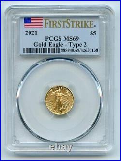 2021 $5 American Gold Eagle 1/10 oz Type 2 PCGS MS69 First Strike