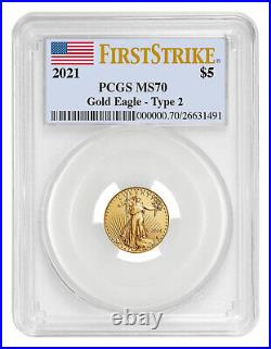 2021 $5 Gold American Eagle 1/10 oz Type-2 PCGS MS70 FS First Strike Flag Label