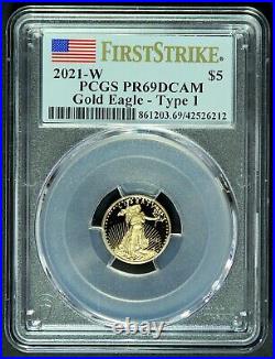 2021-W 1/10 oz $5 Proof GOLD AMERICAN EAGLE PCGS PR69 DCAM Type 1 FIRST STRIKE