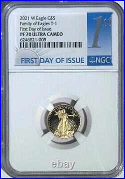 2021 W $5 1/10 OZ NGC PF70 FDI ULTRA CAMEO FIRST DAY PROOF GOLD EAGLE T-1 With OGP