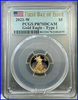 2021-W $5 1/10oz Proof American Gold Eagle Type 1 PCGS PR70 DCAM FDOI First Day