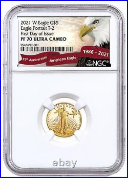 2021 W $5 Proof Gold American Eagle 1/10 oz Type-2 NGC PF70 FDOI Exclusive Label