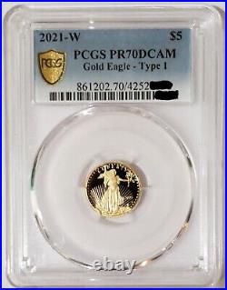 2021-W AMERICAN EAGLE PCGS PR70DCAM Gold Shield Label TYPE 1 1/10 Oz Gold Coin