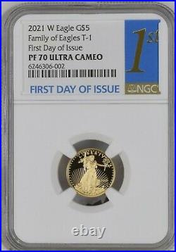 2021 W Gold 1/10 Oz $5 American Eagle Ngc Pf70 Cameo First Day Of Issue Fdoi Blu